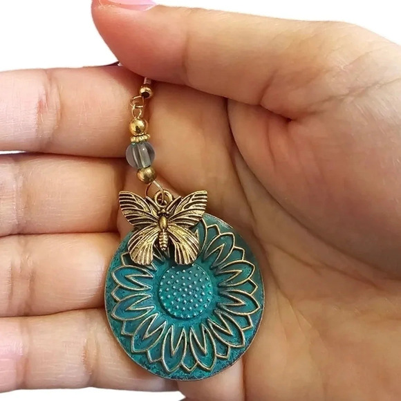 Gold Turquoise Butterfly Dangle Earrings - Picture 3 of 4